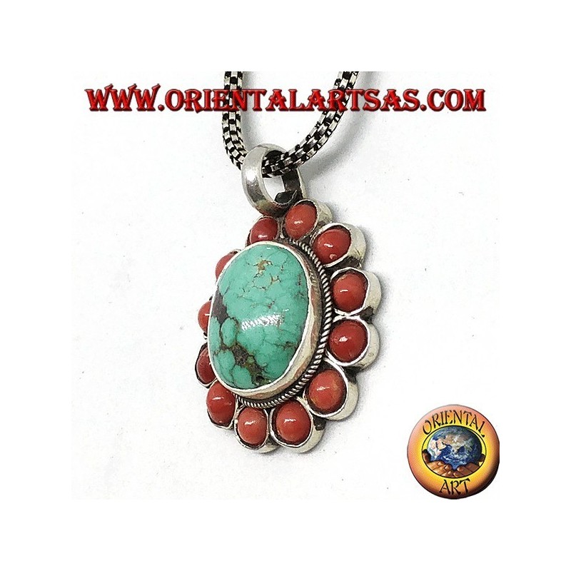 Ciondolo in argento con Turchese naturale Tibetano ovale e corallo