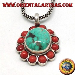 Pendentif en argent avec turquoise ovale tibétaine naturelle et corail