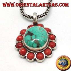 Silver pendant with natural Tibetan oval Turquoise and coral