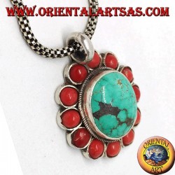 Silver pendant with natural Tibetan oval Turquoise and coral