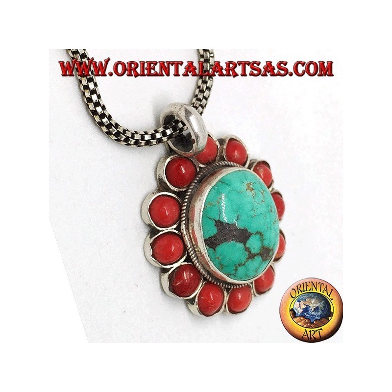 Colgante de plata con turquesa natural tibetana ovalada y coral