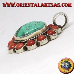 Colgante de plata con turquesa natural tibetana ovalada y coral