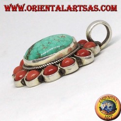 Silberanhänger mit natürlichem tibetischem Oval Türkis und Koralle