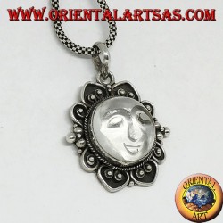 Silver pendant with sun engraved on rock crystal and decorated border