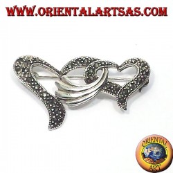 Silver brooch with marcassites two intertwined hearts