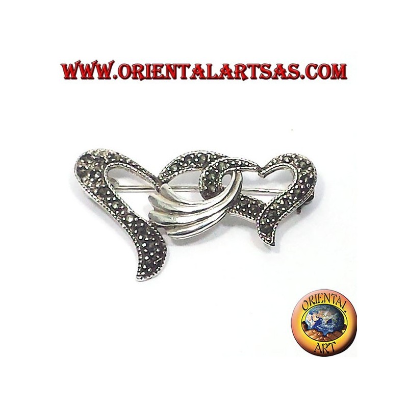 Silver brooch with marcassites two intertwined hearts