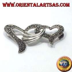 Silver brooch with marcassites two intertwined hearts