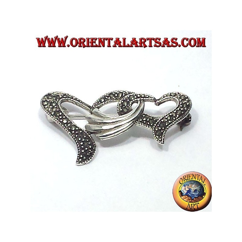 Broche en argent avec marcassites deux coeurs entrelacés