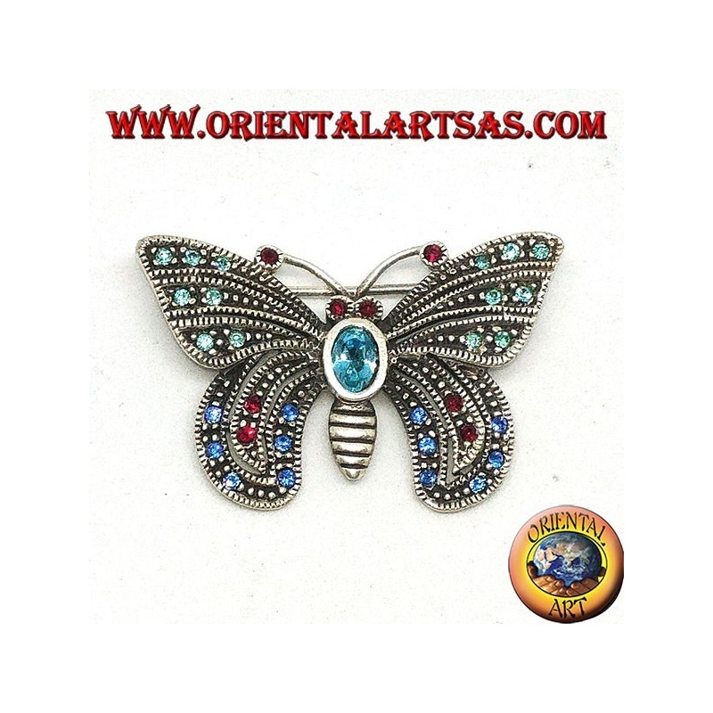 Silver brooch with assorted semiprecious stones in the shape of a butterfly