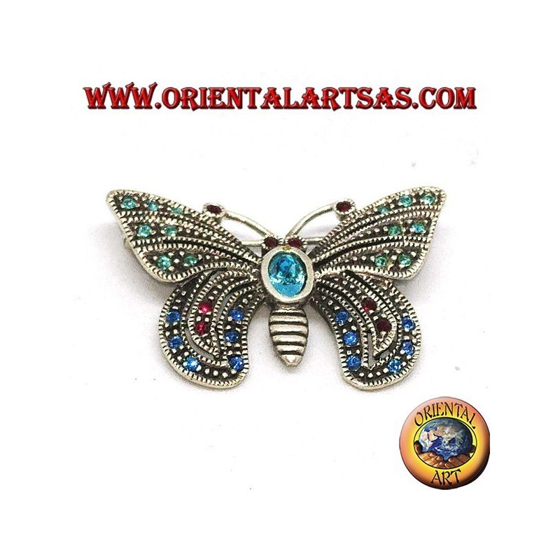Broche en argent avec pierres semi-précieuses assorties en forme de papillon