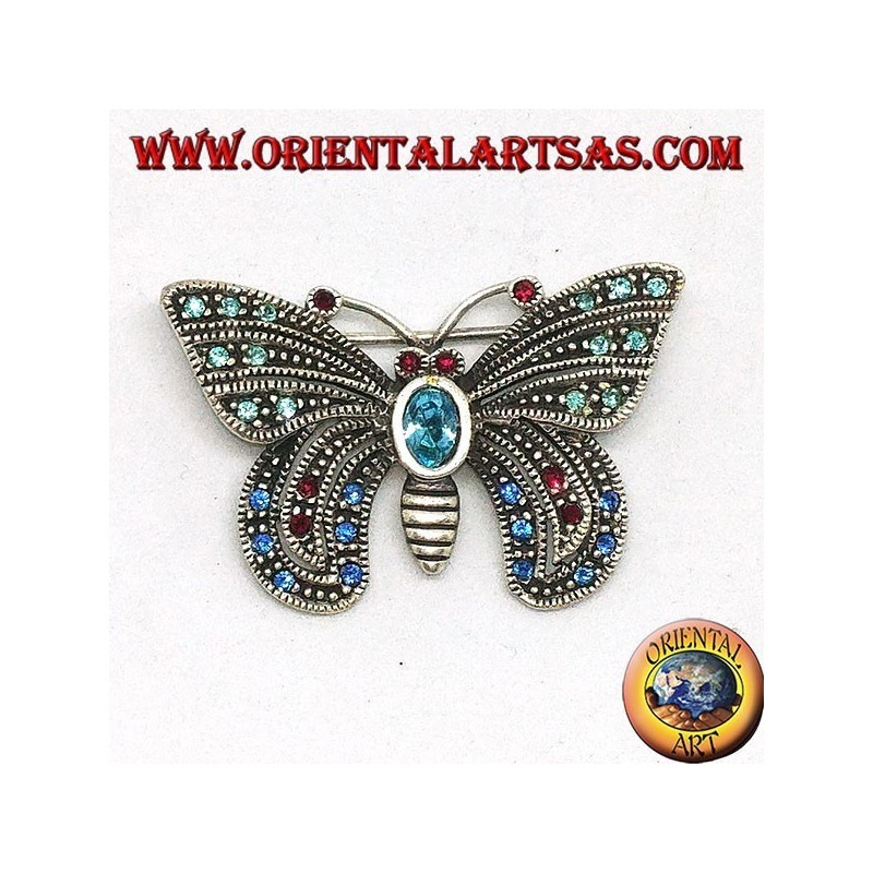 Broche en argent avec pierres semi-précieuses assorties en forme de papillon