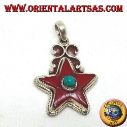 silver pendant with coral and turquoise star (natural)