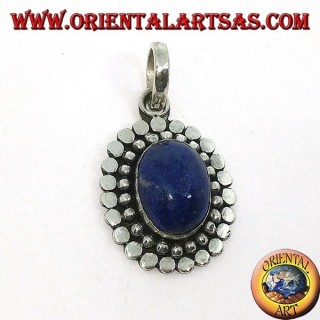 Pendentif en argent avec lapis-lazuli ovale naturel et bordure de pois et de crampons