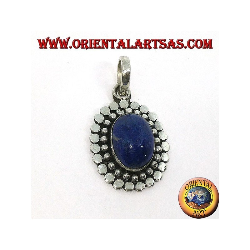 Silver pendant with natural oval lapis lazuli and the border of dots and studs