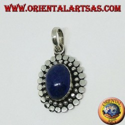 Silver pendant with natural oval lapis lazuli and the border of dots and studs