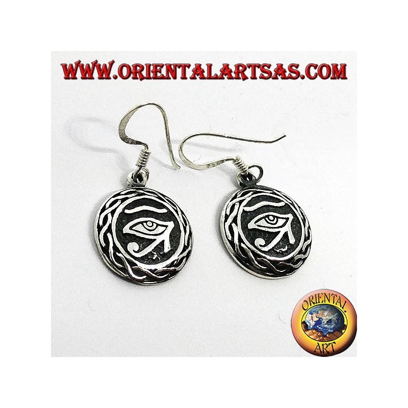 Boucle d'oreille en pendentif en argent de l'oeil de Ra Horus entouré de tissage