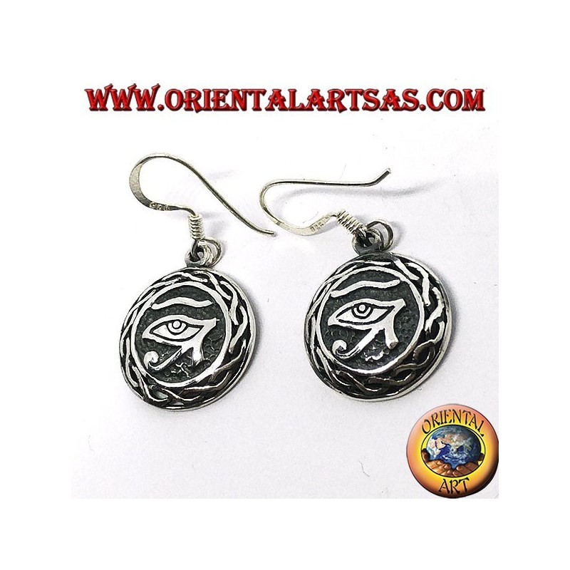 Earring in silver pendant of the eye of Ra Horus surrounded by weaving