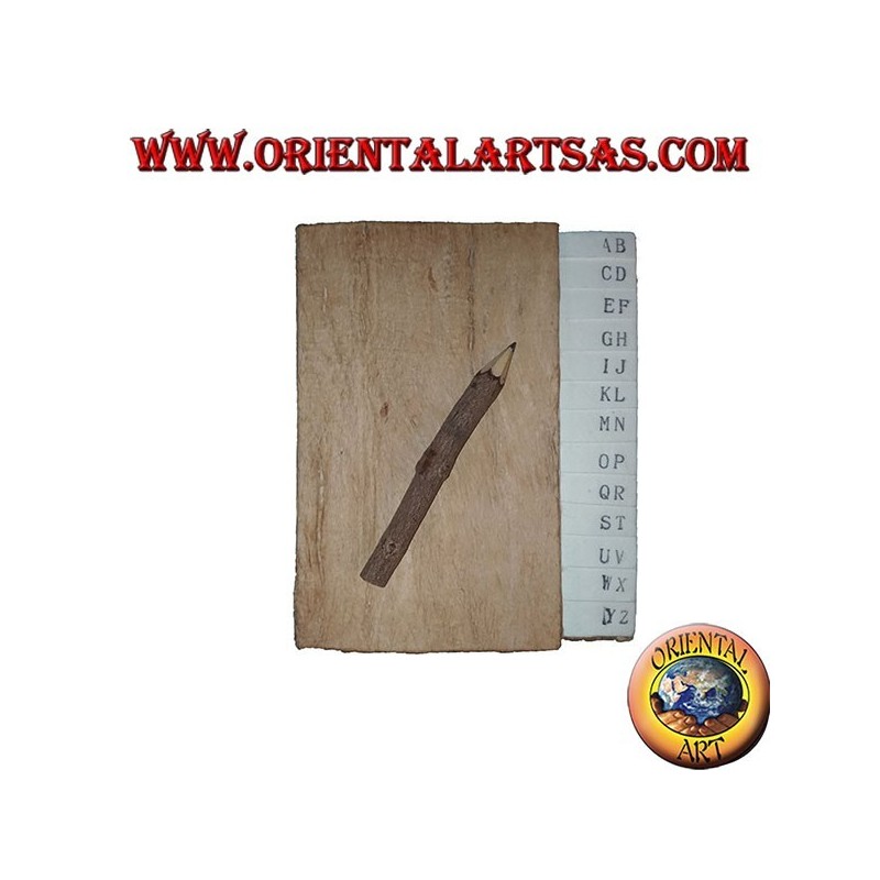 Telephone book in tree bark and large letters with pencil, 14 cm