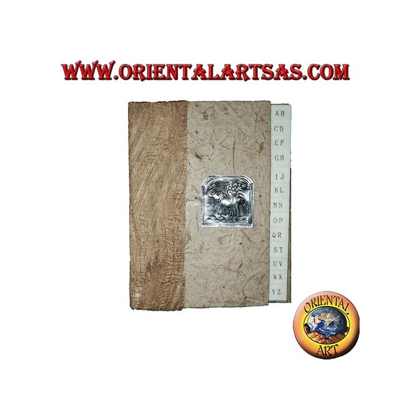 Telephone book in tree bark and plaque with elephant and tree, 14 cm