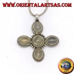 Silver cross pendant with five beautiful moonstones (adularia)