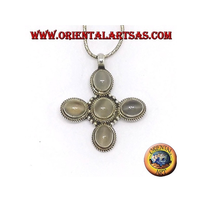 Pendentif croix en argent avec cinq belles pierres de lune (adularia)