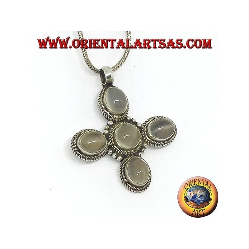 Pendentif croix en argent avec cinq belles pierres de lune (adularia)