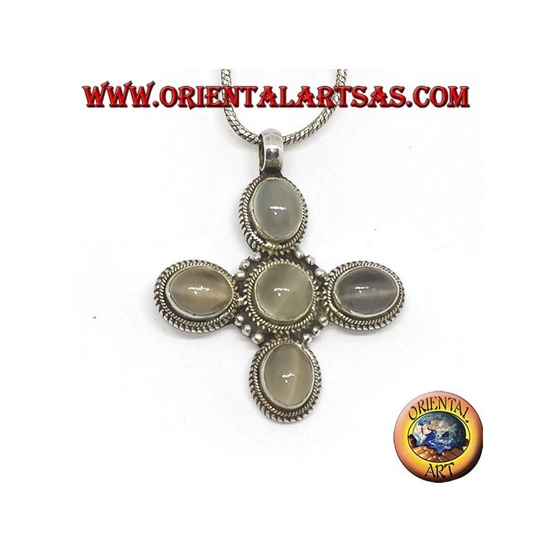 Silver cross pendant with five beautiful moonstones (adularia)