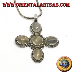 Silver cross pendant with five beautiful moonstones (adularia)