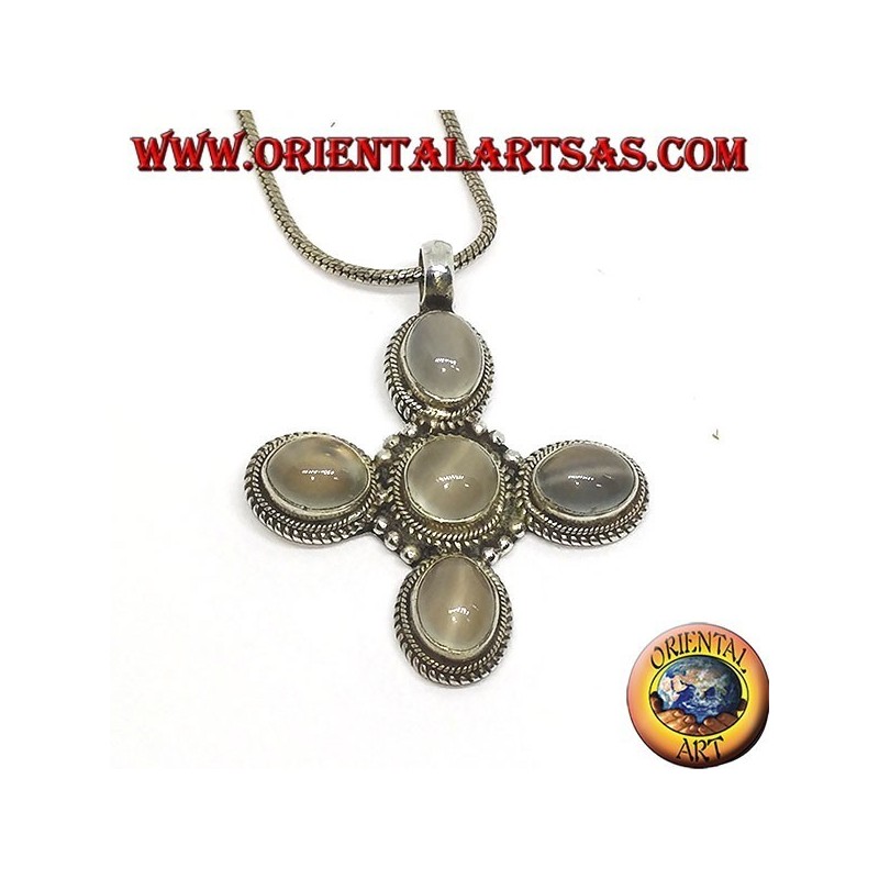 Pendentif croix en argent avec cinq belles pierres de lune (adularia)