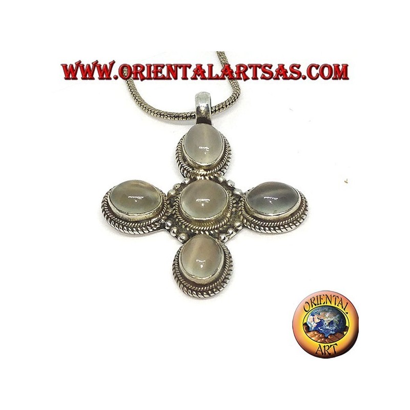 Cruz colgante de plata con cinco hermosas piedras lunares (adularia)