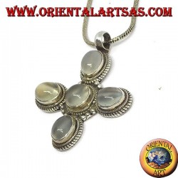Cruz colgante de plata con cinco hermosas piedras lunares (adularia)