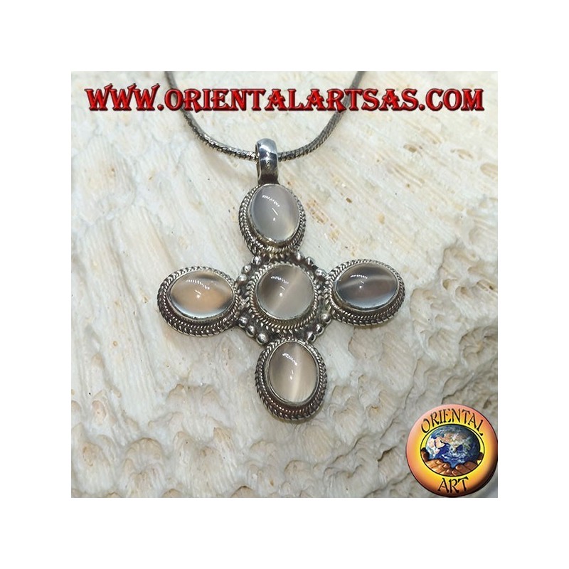 Silver cross pendant with five beautiful moonstones (adularia)