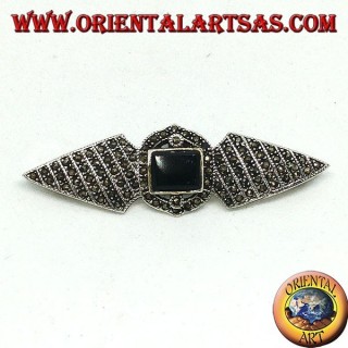 Silberbrosche mit Markasiten und rechteckigem Onyx