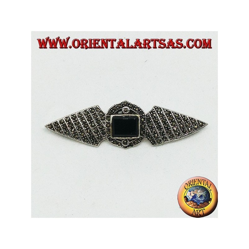 Broche en argent avec marcassites et onyx rectangulaire