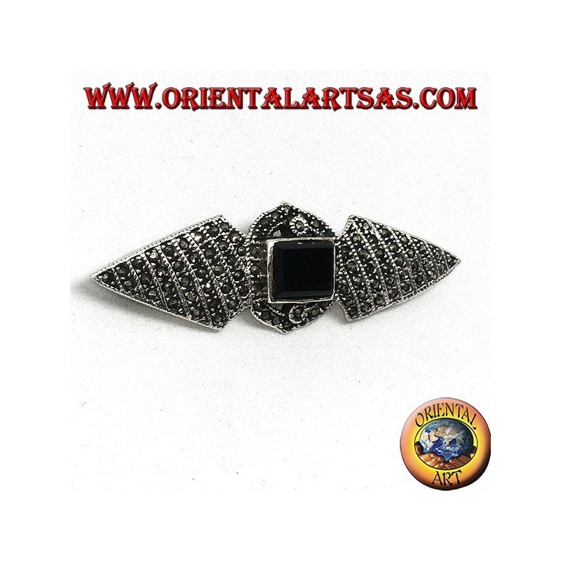 Spilla in argento con marcassiti ed onice rettangolare