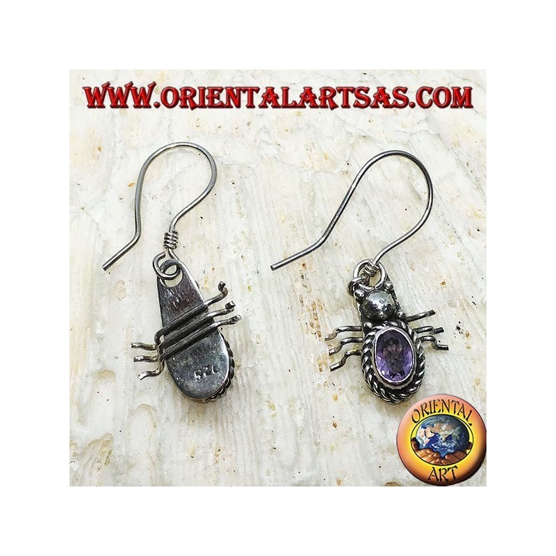 Silver earrings with oval Amethyst in the shape of a ladybug