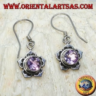 Boucles d'oreilles en argent avec améthyste ronde en forme de fleur à cinq pétales