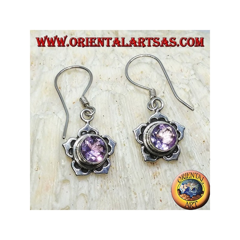Silver earrings with round Amethyst in the shape of a five-petal flower
