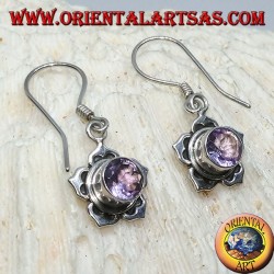 Silver earrings with round Amethyst in the shape of a five-petal flower