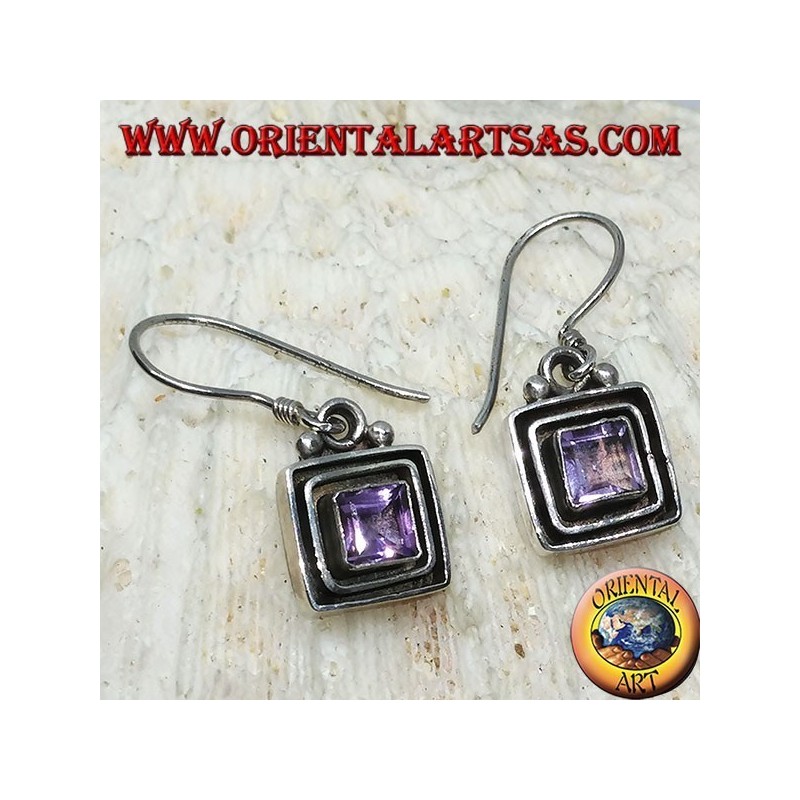 Silver earrings with square Amethyst between silver squares