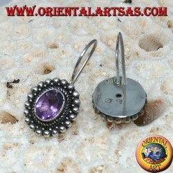 Silver earrings with oval amethyst between silver balls