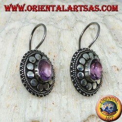 Silver earrings with oval Amethyst with flower-shaped workmanship