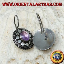 Silver earrings with oval Amethyst with flower-shaped workmanship