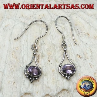 Pendientes de plata con amatista ovalada con hilos de plata colgantes