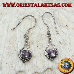 Silberohrringe mit ovalem Amethyst mit hängenden Silberfäden