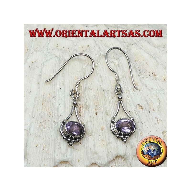 Silver earrings with oval Amethyst with hanging silver threads