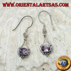 Boucles d'oreilles en argent avec améthyste ovale avec fils suspendus en argent