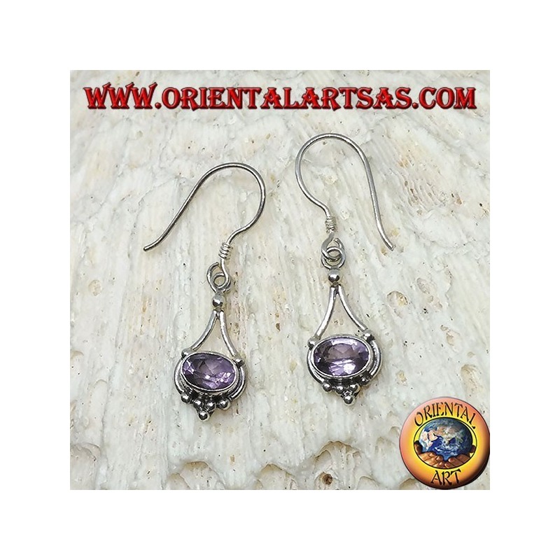 Silver earrings with oval Amethyst with hanging silver threads
