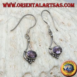 Silver earrings with oval Amethyst with hanging silver threads