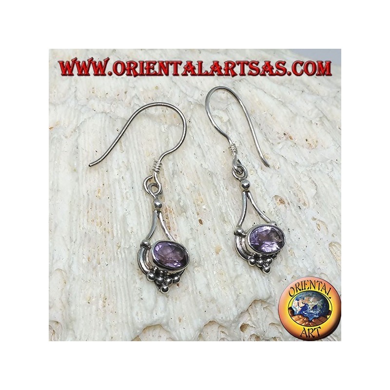 Silver earrings with oval Amethyst with hanging silver threads